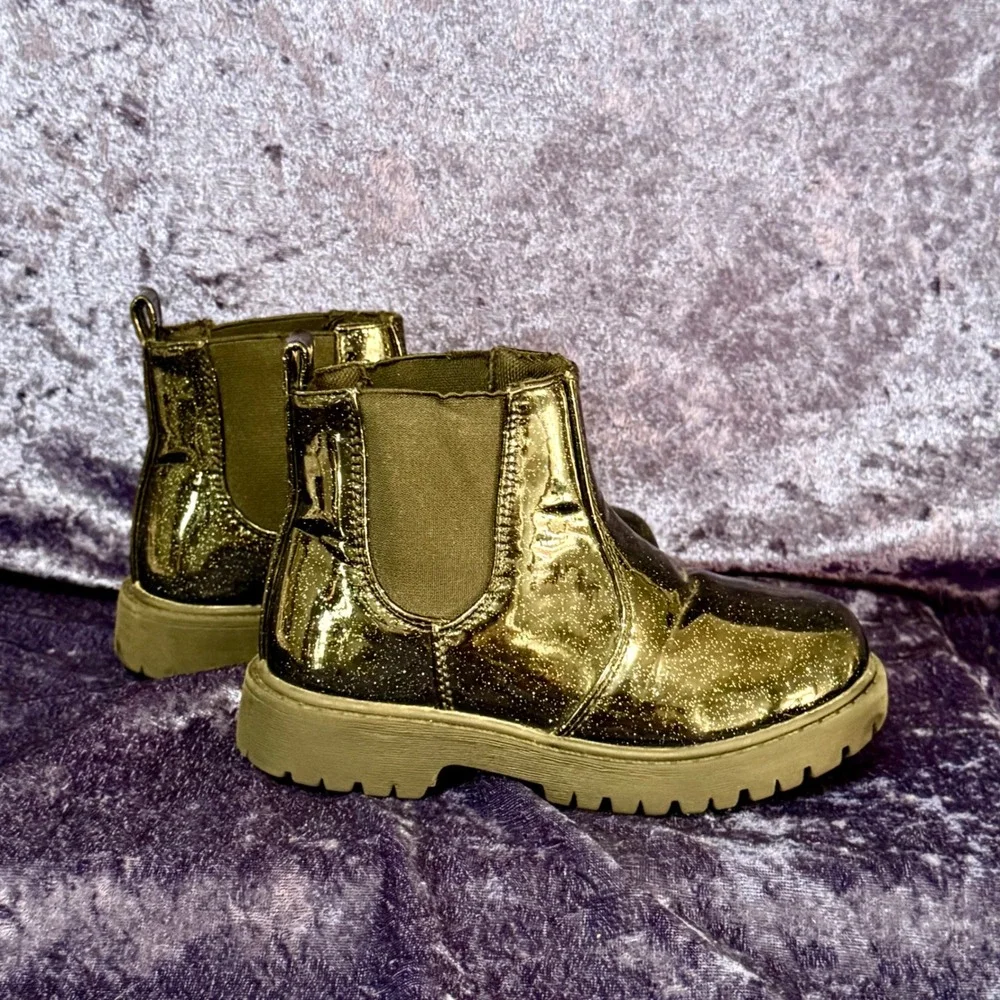 Kids Glitter Chelsea‎ Boots Black Metallic Sparkle Pull On Chunky Sole Size 9